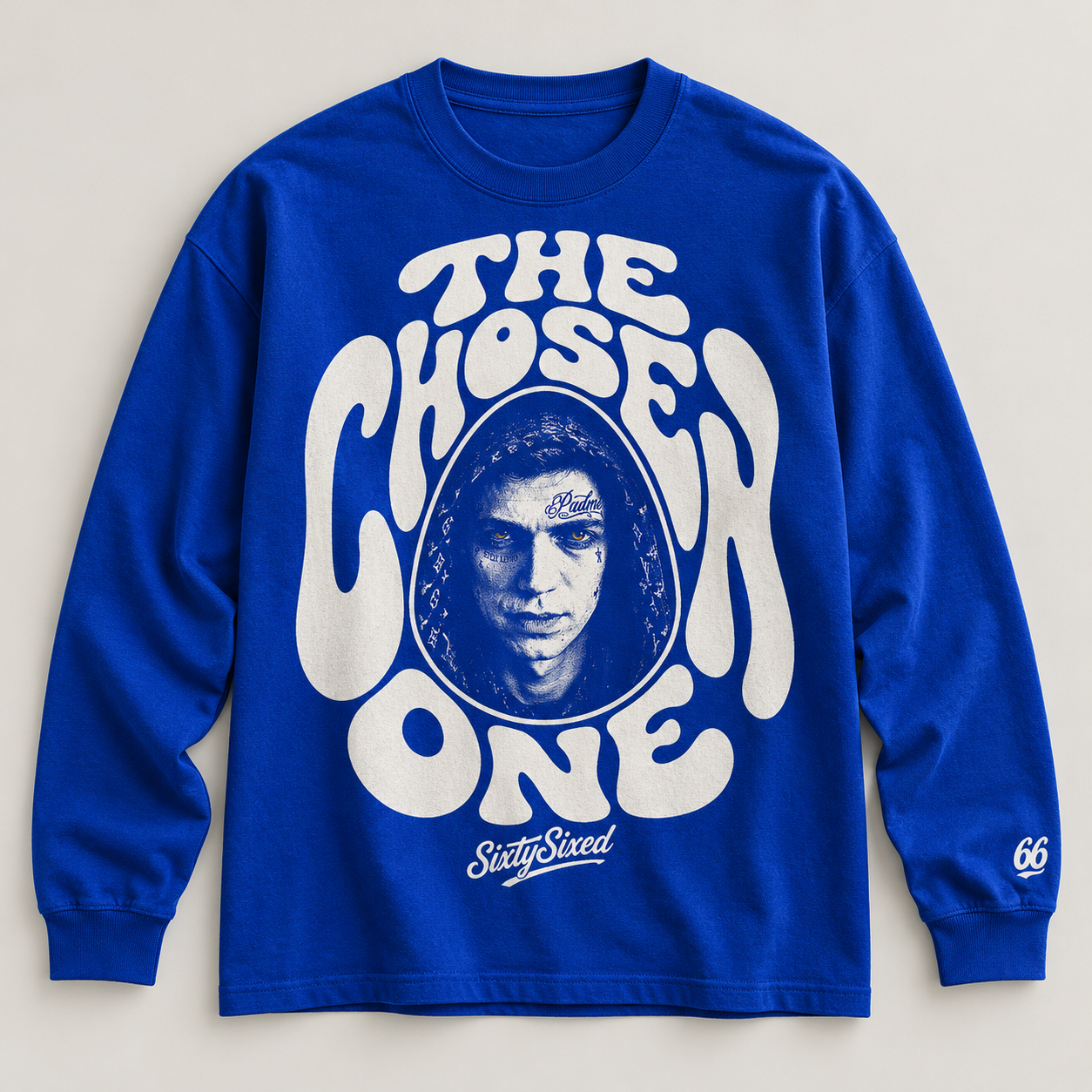 The Chosen One — Frequency — Elastic white lettering wraps a small line portrait of hooded Lil Vader; a single 66 mark finishes the sleeve.