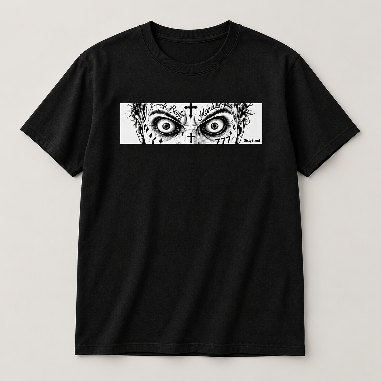 SixtySixed — The Stare — A narrow comic eye strip, drawn from the creator’s tattooed profile character. Small mark, strong recognition.
