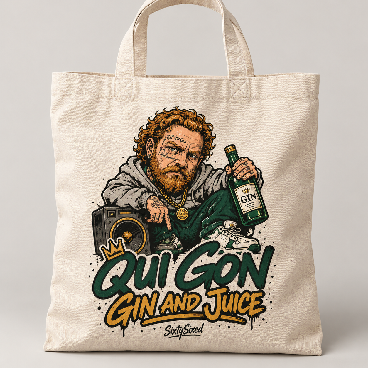 Qui Gon Gin and Juice — A cartoon Yung Kenobi with his gold chain, a green gin bottle and a loose hand-lettered song title.