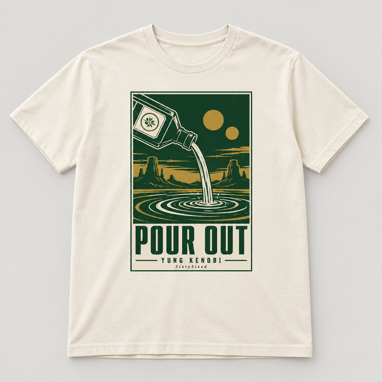 Pour Out — A tipping gin bottle, concentric ripples and twin suns, arranged as a spare forest-green song poster.