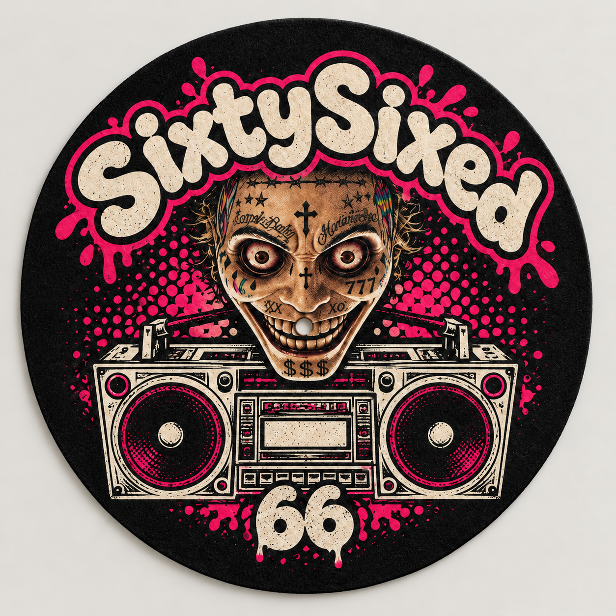 SixtySixed — Heavy Rotation — The creator’s tattooed profile character sits above a boombox, with hot-pink details and bold bubble lettering.