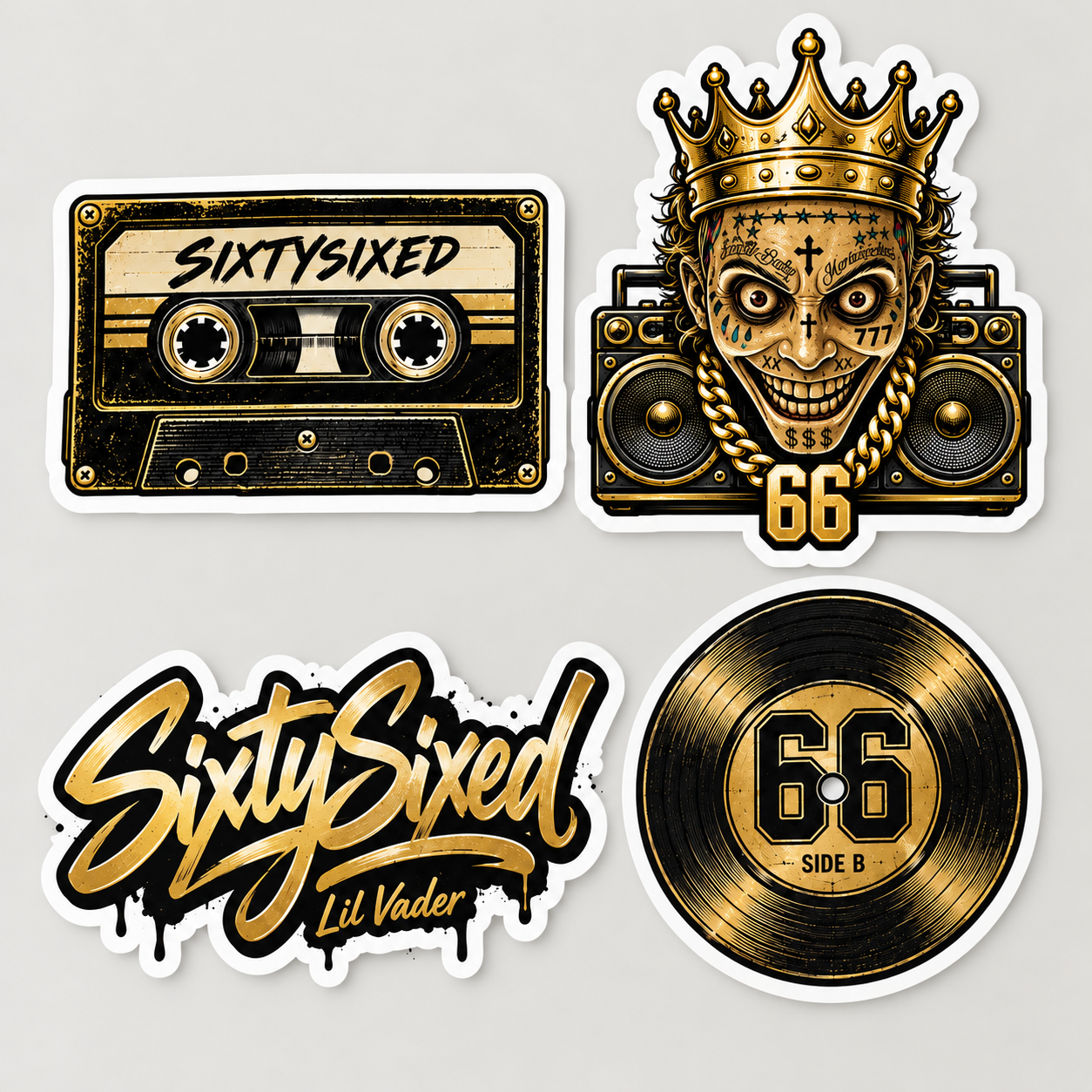 SixtySixed — Side B Stickers — Four gold-and-black stickers: cassette, crowned artist portrait with boombox, SixtySixed with small Lil Vader lettering, and 66 record.
