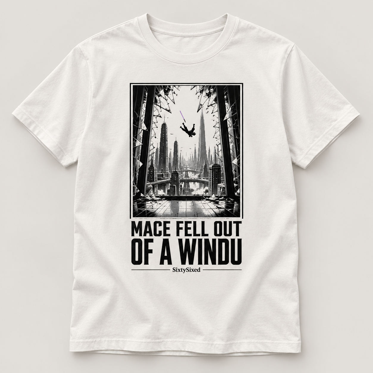 Mace Fell Out of a Windu — A graphic Coruscant window, a falling silhouette and one violet accent, composed as a compact poster print.
